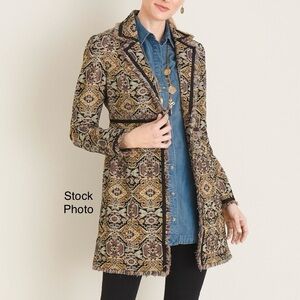 CHICO’S jacquard fringe trim brocade open front jacket coat metallic multi color